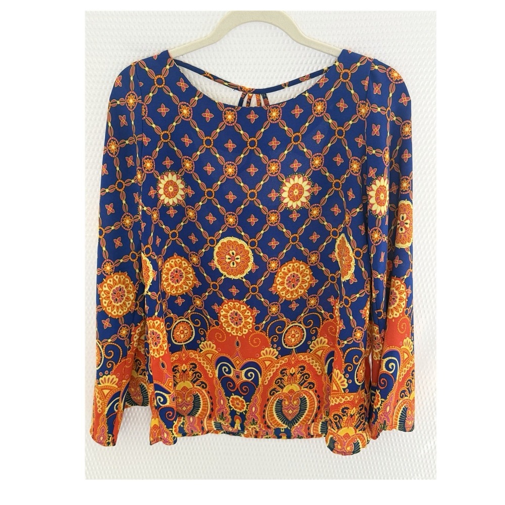 reneeC. Colorful Geometric Tie Back Long Sleeve Blouse Women Size S